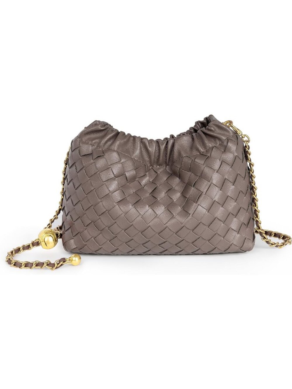 Women Taupe Gold Woven Dumpling Clutch Purse Trendy Shoulder Crossbody Bag